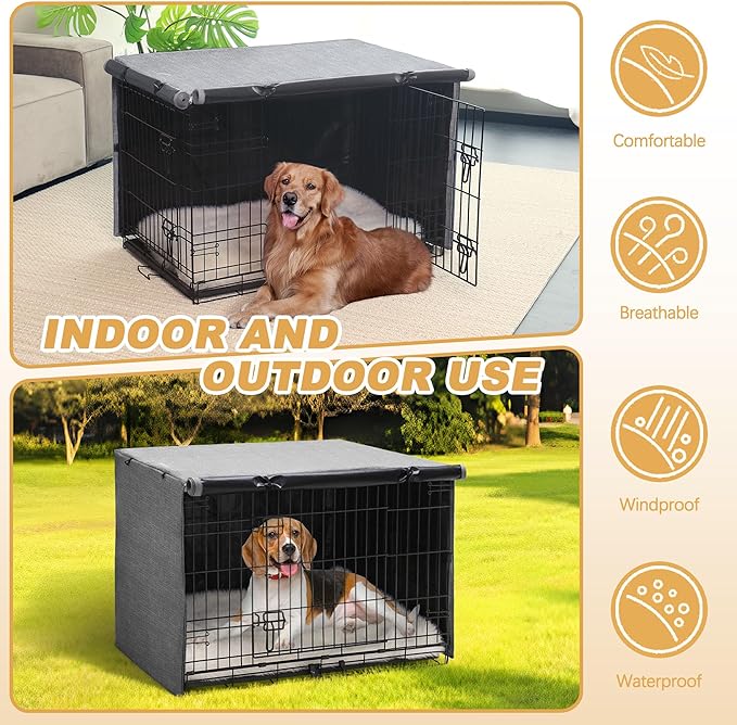 Dog Crate Cover - Double Door Waterproof Pet Kennel Cover, Durable 600D Polyester Protective Cage Cover for 48 Inch Dog Crate - Grey