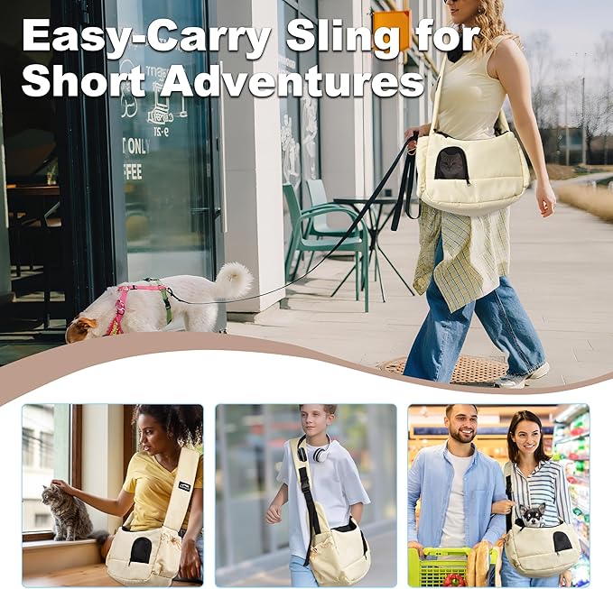 Cat Sling, Dog Carrier Sling for Kitten and Puppy up to 8.8 lbs, Breathable Cats Carrier Pouch Pet Purse with Soft Mat, Hands-Free Pet Carrier with Safety Harness and Pockets for Travel, Yellow