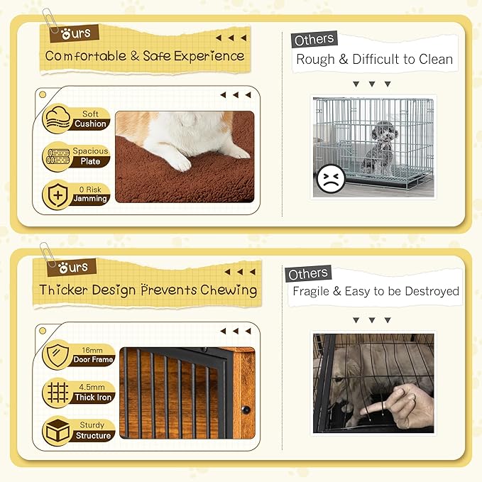 Bigrab Dog Crate Furniture with Thick Cushion, Side End Table Wooden Dog Cage with Double Doors, Chew-Resistant Dog Kennel Dog House Indoor for Small to Large Dog, M