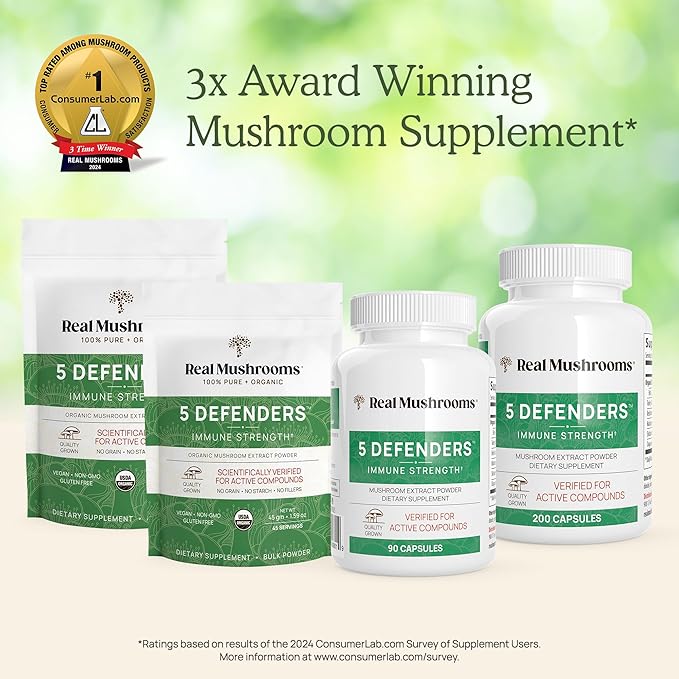 Real Mushrooms 5 Defenders Mushroom Complex – Organic Adaptogenic Mushroom Blend with Chaga, Reishi, Turkey Tail, Maitake & Shiitake for Wellness Support - Mushroom Beta Glucan Capsules - 200 Count