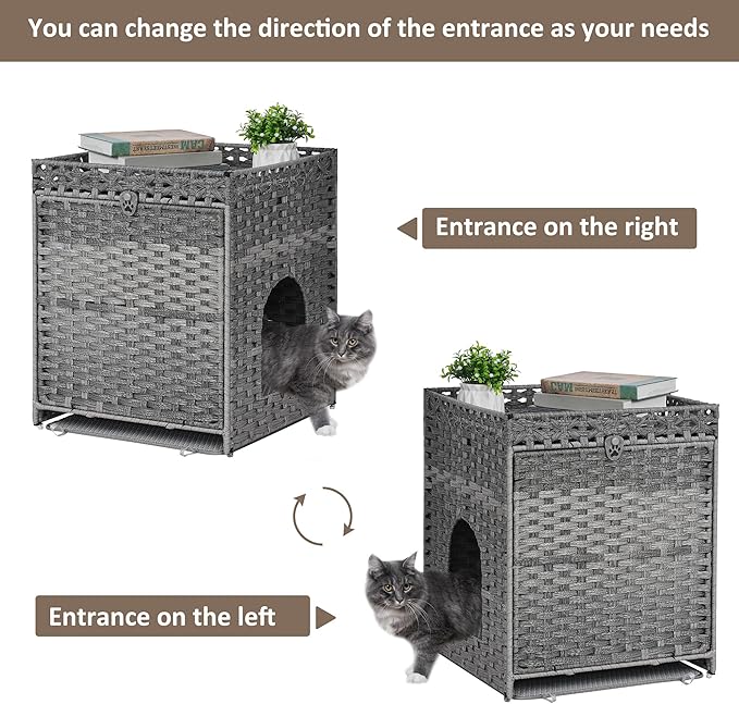 Cat Litter Box Enclosure with Soft Litter Mat; Hidden Kitten Washroom Furniture with Door; Handwoven Rattan Cat House; Pet Crate for Living Room, Bedroom, Balcony (Grey)
