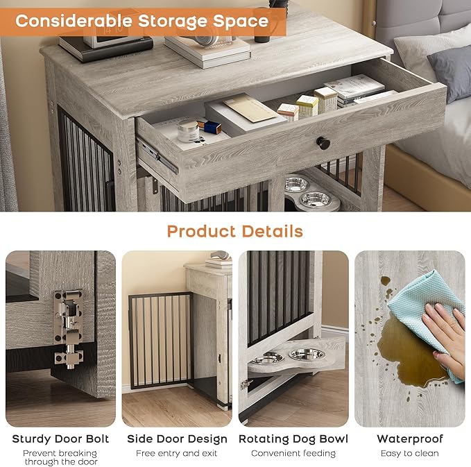 Large Dog Crate with Sliding Door, Furniture-Style Wooden Indoor Kennel, Integrated Side Table & Drawer, Secure Lock, 360° Rotating Bowl, Modern Pet House - Ideal for Home Decor (Grey)