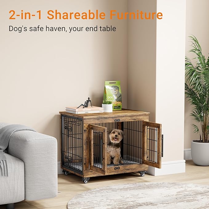 Lulive Small Dog Crate Furniture Set of 2, Dog Kennel Indoor Double Doors Wooden Dog Cage, 27' Heavy Duty Dog Crate with Cushion & Wheels, End Table Pet House Chew-Resistant Up to 30 lb, Rustic Brown
