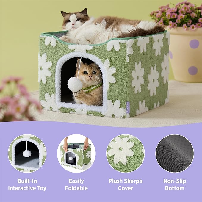 Lesure Indoor Cat Beds Kitten House - Large Cat Cave for Pet Cube with Fluffy Ball Hanging, Foldable Small Animal Hideaway, 16.5x16.5x13 inches, Flower Garden Green