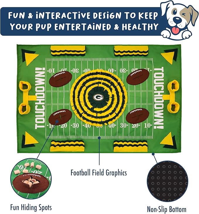 NFL Green Bay Packers Dog Snuffle Mat – Interactive Pet Slow Feeder, Football Field Design Food Puzzle Toy for Dogs & Cats, Foraging Activity Mat for Smarter Feeding