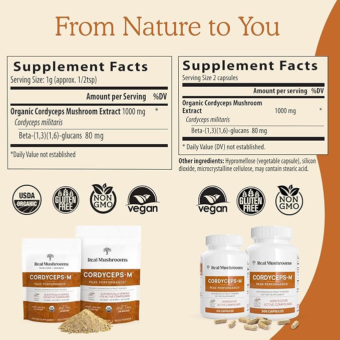 Real Mushrooms Cordyceps Mushroom Powder - Organic Cordyceps Powder Mushroom Energy and Wellness Support - Rich in Beta Glucans - Non-GMO, Vegan Supplement, 60 Servings