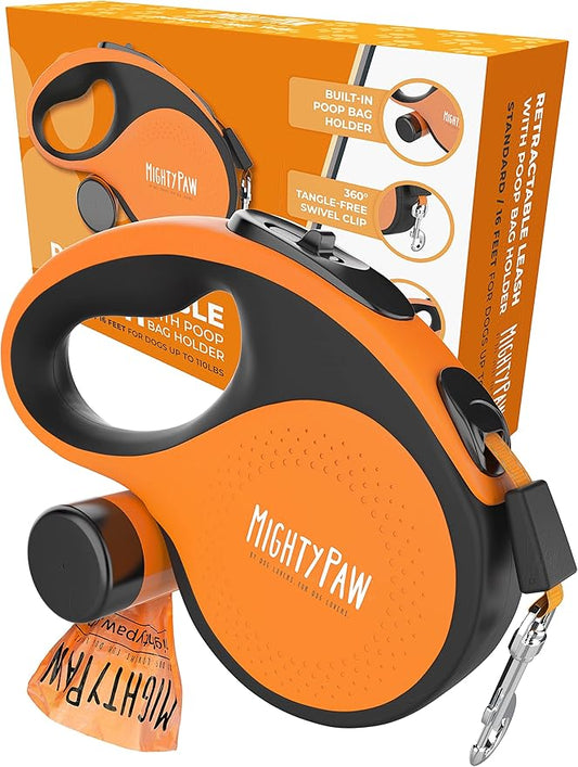 Mighty Paw Retractable Leash with Built-in Poop Bag Holder | 16' Long Retractable Dog Leash for Small Dogs, Medium Breeds & Large Pets with Tape for Quick Control. Poop Bags Included