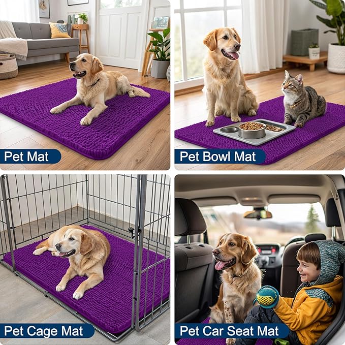 Smiry Dog Door Mat for Muddy Paws 36x24, Absorbs Moisture and Dirt Doormat, Non-Slip Washable Quick Dry Chenille Front Door Mat Indoor Entrance, Entryway Carpet for Inside Floor, Purple