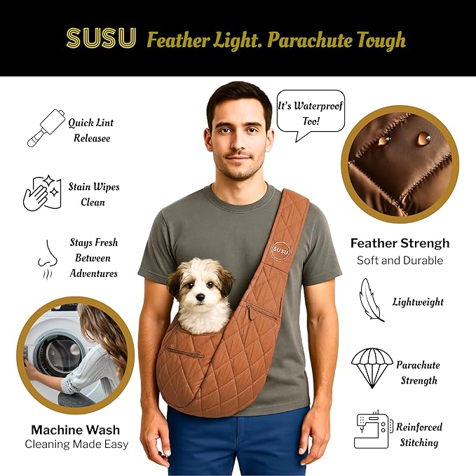 Small Dog Carrier Sling – Copper Brown Hands‑Free 2‑in‑1 Cross‑Body & Handheld Pet Sling for Small Dogs up to 10 lbs, Parachute‑Grade Rip‑Stop Nylon, Padded Strap & Safety Tether