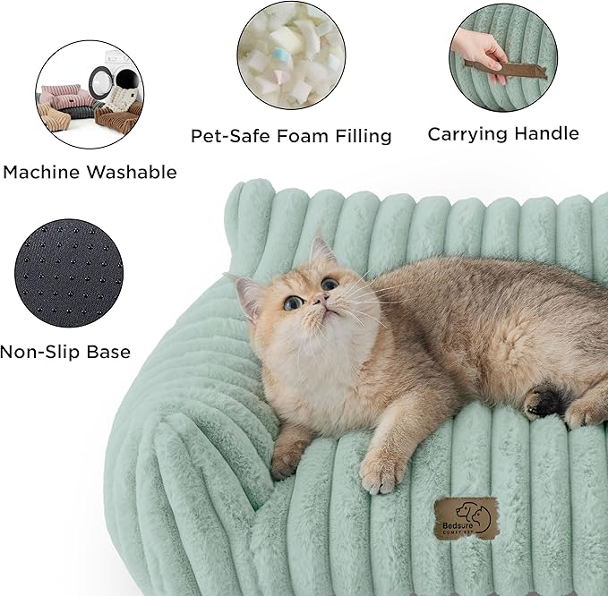 Bedsure Cute Cat Couch for Pets - Fluffy Cat Sofa with Premium Soft Corduroy Fleece, Fuzzy Pet Couch Bed with Removable Washable Cover, Supportive Pet Chair for Indoor Cats, 24inch, Garden Green