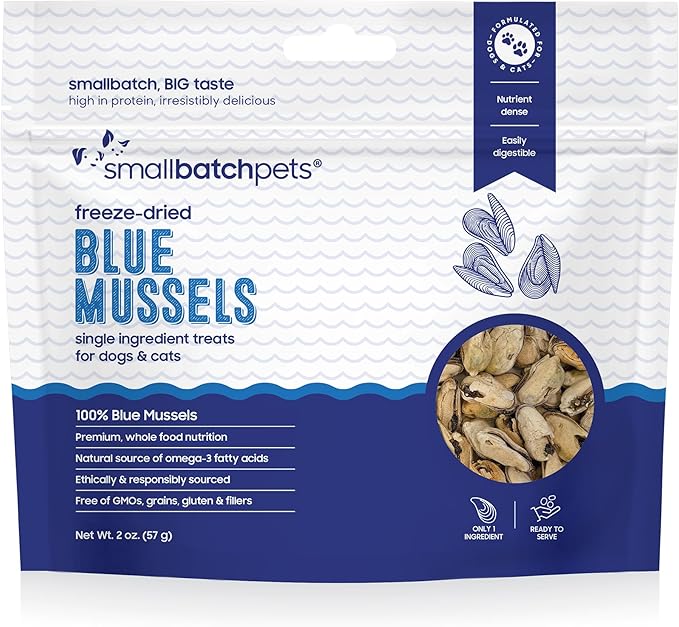 smallbatch Pets Freeze Dried Cat & Dog Treats, 2oz - 100% Blue Mussels, Organic High Protein Treats, Omega 3 Fatty Acids, Gluten Free, Grain Free, Made in The USA, Ethically Sourced, Single Protein