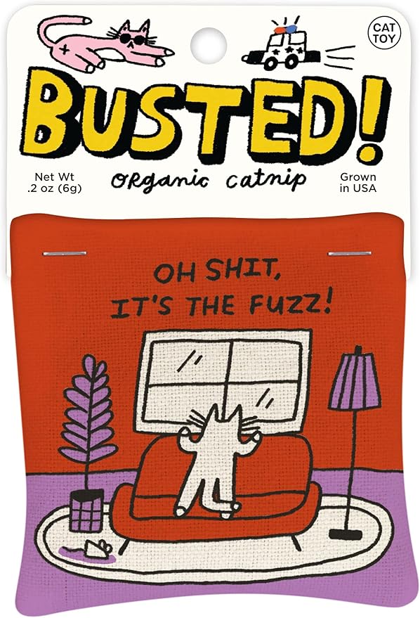 Blue Q Busted! Oh S!, It's The Fuzz! Catnip Cat Toy. Premium Organic 'Nip Grown in The USA, 100% Cotton Pouches, Kitty Graphics Sure to Delight Every Cat-Keeper.