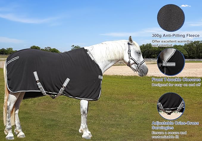 Horse Fleece Cooler, Blanket Liner - 300g Anti-Pilling Fleece, Moisture-Wicking, Cooling & Drying for Post-Workout, Bath & Travel, Prevent Overheating & Chilling Black 81