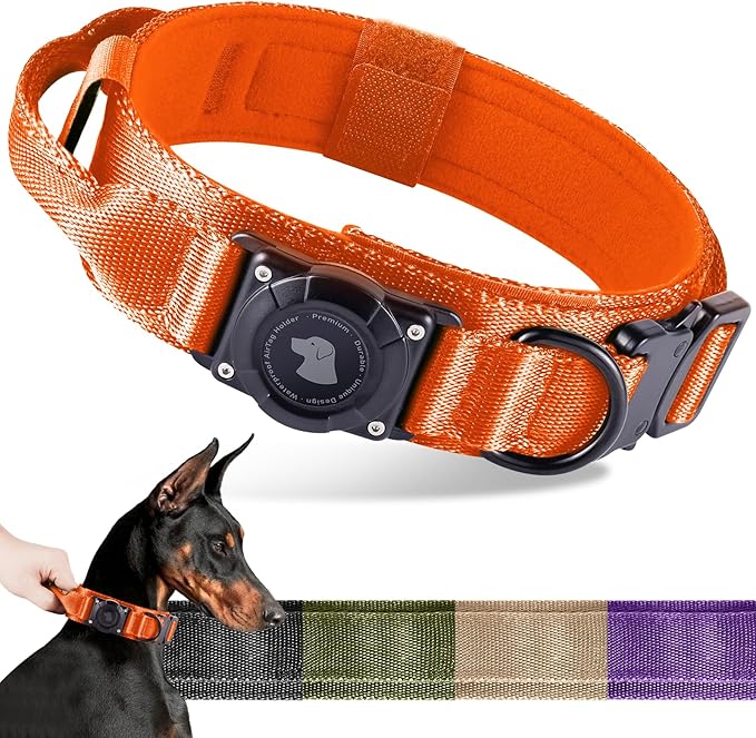 2026 Upgrade Waterproof AirTag Dog Collar, Military Tactical Dog Collar with AirTag Holder, Comfortable Control Handle and Metal Buckle, GPS Dog Collar Holder for Medium to Large Dogs (Orange,L)