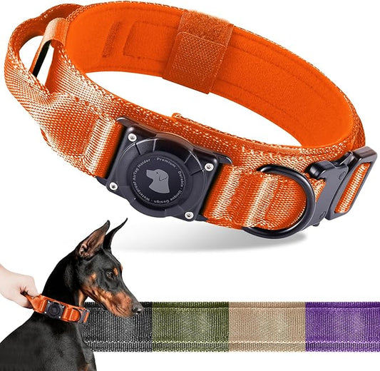 2026 Upgrade Waterproof AirTag Dog Collar, Military Tactical Dog Collar with AirTag Holder, Comfortable Control Handle and Metal Buckle, GPS Dog Collar Holder for Medium to Large Dogs (Orange,L)