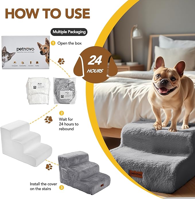 PETNOVO Ultra-Soft Rabbit Fur-Like Dog Stairs for Couch/Bed, Luxury Comfort 3-Step for Small & Senior Dogs, Non-Slip, Removable Washable Cover, Oeko-TEX Certified, 22.4" D x 15.7" W x 15.7" H, Gray
