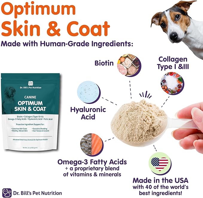 Dr. Bill's Canine Optimum Skin & Coat – Reduces Shedding, Itching, Dry Skin – Allergy Relief for Healthy Fur - Omega 3, Collagen, Biotin & Hyaluronic Acid – 340g Vet-Recommended Dog Supplement