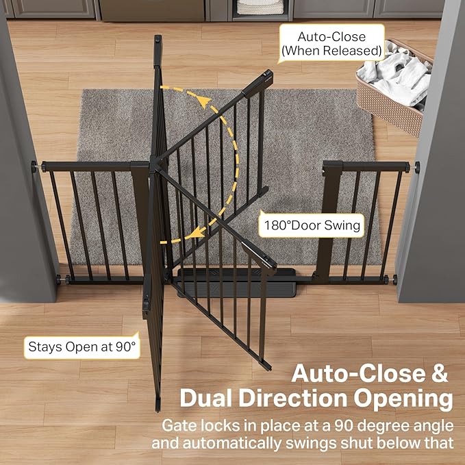 Cumbor 29.7"–51.5" Extra Wide Baby Gate for Stairs, Pressure-Mounted Dog Gates for Doorways & Hallways, Auto-Close Walk-Through, No-Trip Design, Child Proof Safety, Dog/Pet Gate for Indoor Use, Black