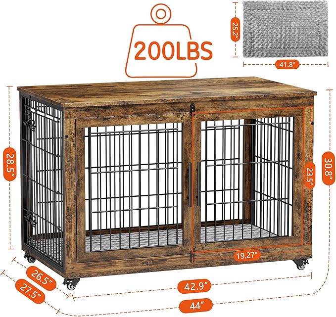 Lulive Dog Crate Furniture, XL Wooden Dog Kennel Indoor Double Doors Dog Cage, 44'' Heavy Duty Dog Crate with Cushion & Wheels, Decorative End Table Pet House Chew-Resistant for Large Dogs, Brown