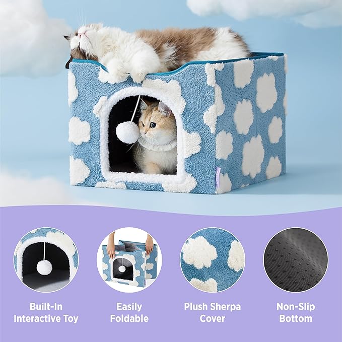 LE SURE Indoor Cat Beds Kitten House - Large Cat Cave for Pet Cube with Fluffy Ball Hanging, Foldable Small Aminal Hideaway, 17 Inches, Cozy Clouds Blue