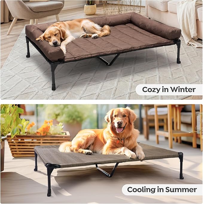 Veehoo Cooling Elevated Dog Bed Add Removable Waterproof Bolster Cushion Mat, Raised Pet Cot with Breathable Teslin Mesh, No-Slip Feet, Dog Sofa Bed for Indoor Outdoor, XLarge, Brown CWC2331B