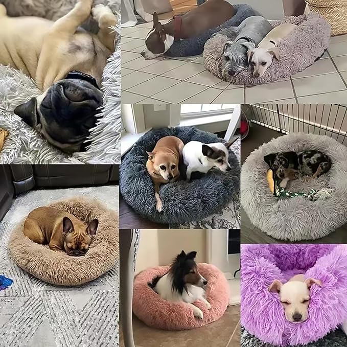 Calming Dog Bed for Small Dogs, Calming Donut Cuddler Pet Bed Anti Anxiety Round Dog Bed Fluffy Plush Faux Fur Cat Bed,Black+White,35.5IN
