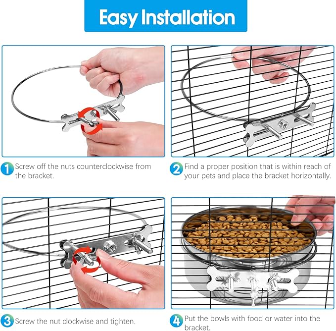 2 Pcs Small Dog Food Water Bowl for Cage with Upgraded Clamp Holder, Pet Kennel Hanging Bowls Stainless Steel Non-Spill Detectable Bowls Crate Feeder for Small Dogs (4.7x2'' & 4x1.8'')
