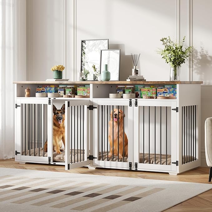 72'' Dog Crate Furniture for 2 Dogs, Wooden Dog Cage with Storage Compartment, Indoor Dog Kennel with 4 Doors for Large/Medium Dogs, White