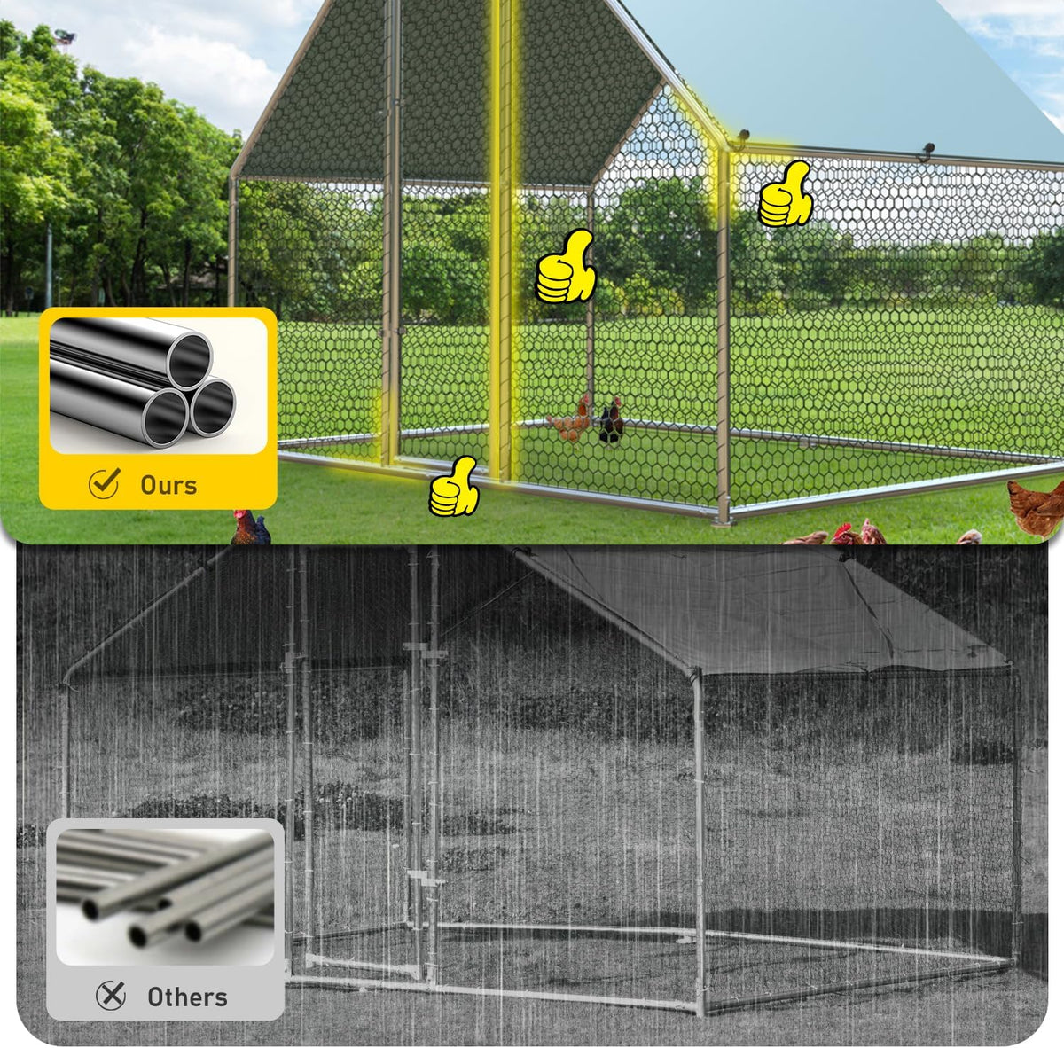 1.26’’ Large Metal Chicken Coop Walk in, Chicken Pen for Chickens, Outdoor Chicken Runs Coops Dog Kennel, Spire Roofed Chicken Runs for Yard with Anti-Ultraviolet Cover (9.8’Lx26.2’Wx6.4’H)