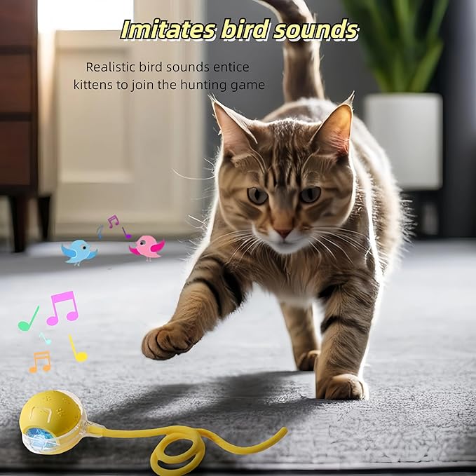 Interactive Cat Toy Ball – Automatic Electric Rolling Ball with Chirping Bird Sounds, Motion-Activated Indoor Toy for Kittens and Cats, Fun Exercise Play (Yellow)