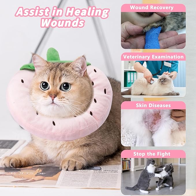 Soft Cat Cone Collar, Cute Cat Recovery Collar Suitable for Small, Medium, Large Cats,Elizabethan Neck Collar for Cats After Surgery (Strawberry, Small)
