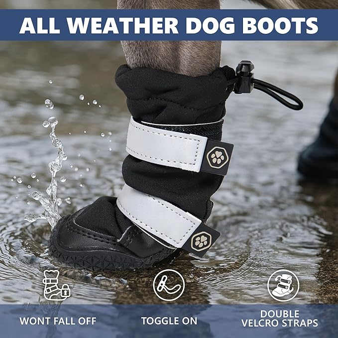 Spark Paws Dog Shoes, Waterproof Dog Boots for Medium to Large Dogs, Non Slip, Breathable Dog Booties and Paw Protectors - 4PCS Doggie Hiking Boots with Reflective Straps - Black - Size 4