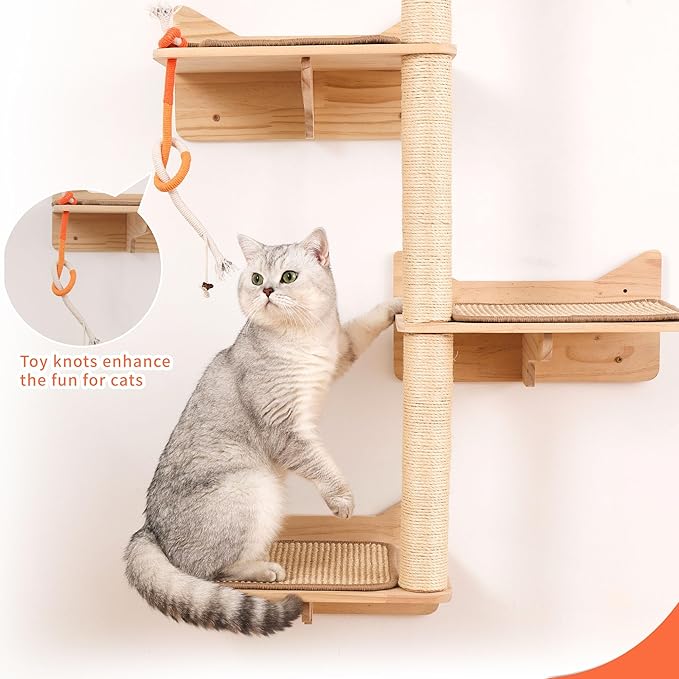 Wall Mounted Cat Tree - 7 PCS Cat Wall Shelves & Perches with Tall Sisal Scratching Posts, Wall Mount Cat Climbing Tree & Space-Saving Furniture for Indoor Cats to Climb, Scratch & Lounge