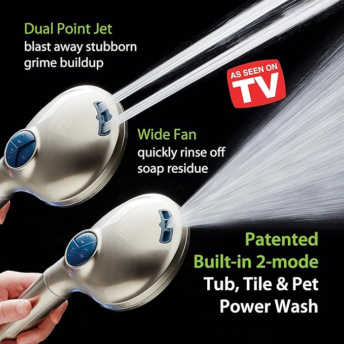 AquaCare High Pressure 10 Spray Mode Filtered Showerhead - Handheld Shower Head Filters Chlorine to Heal Dry Skin, Revive Hair - Dual Power Wash Cleans Tub, Tile, Pets - Hard Water Softener, Nickel