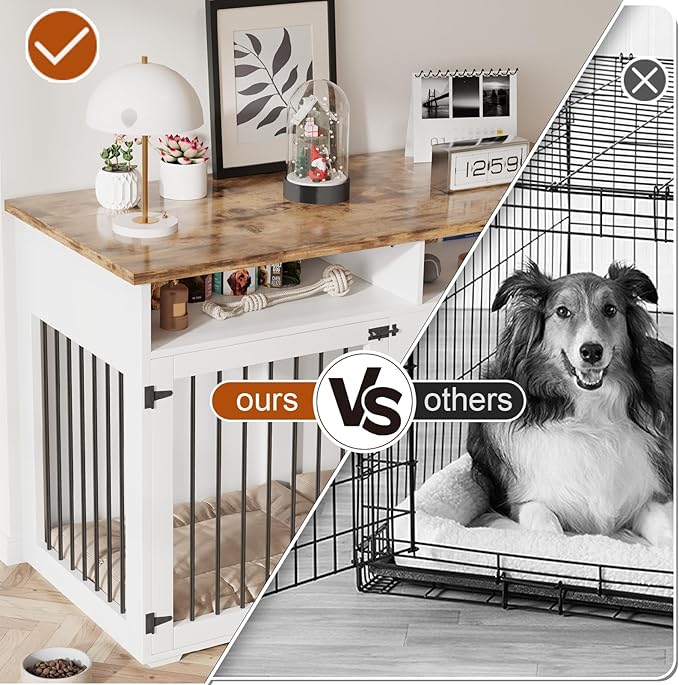 Dog Crate Furniture for 2 Dogs, 55 Inch Dog Crate Indoor with Removable Divider and Shelf Storage, Wooden Dog Crates for Medium/Large Dogs, White
