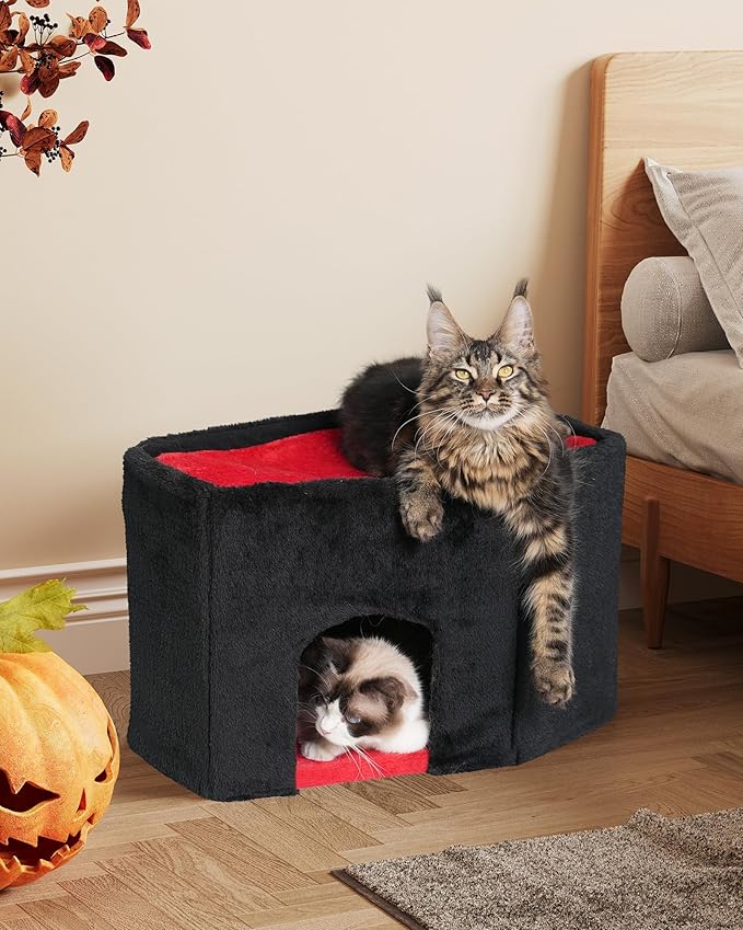 Gothic Cat Condo Cave for Indoor Cats, Spacious Indoor Coffin Cat House Bed,Large 20x13.5inch Bunk Perch, Stable Cubbie for Pets Rabbits, Halloween Red Black