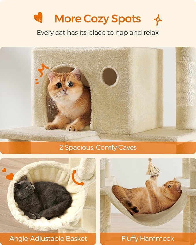 Feandrea Cat Tree, 81.1-Inch Large Cat Tower with 13 Scratching Posts, 2 Perches, 2 Caves, Basket, Hammock, Pompoms, Multi-Level Plush Cat Condo for Indoor Cats, Beige UPCT190M01