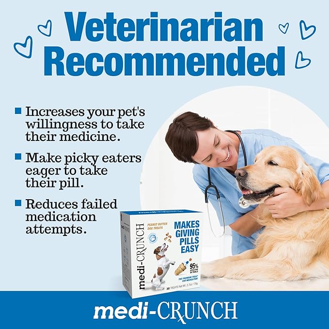 Medi-Crunch Pill Pouches for Dogs, Peanut Butter Dog Pill Treats for Capsules & Tablets, Crunchy Pill Pocket Alternative for Picky Eaters, Hypoallergenic Low Sodium Vet Recommended, 60 Treats