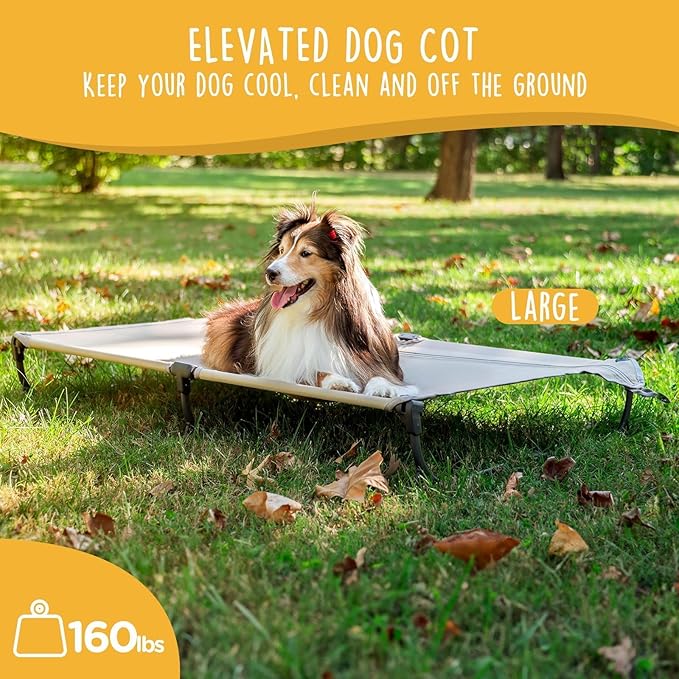 Daisy Cot, Large Foldable Elevated Dog Bed, Portable Raised Outdoor Folding Dog Cot, Cooling, Chew Proof, Waterproof, Heavy Duty Up to 160 Lbs for Camping/Home, Brown, 43"x27"x7”