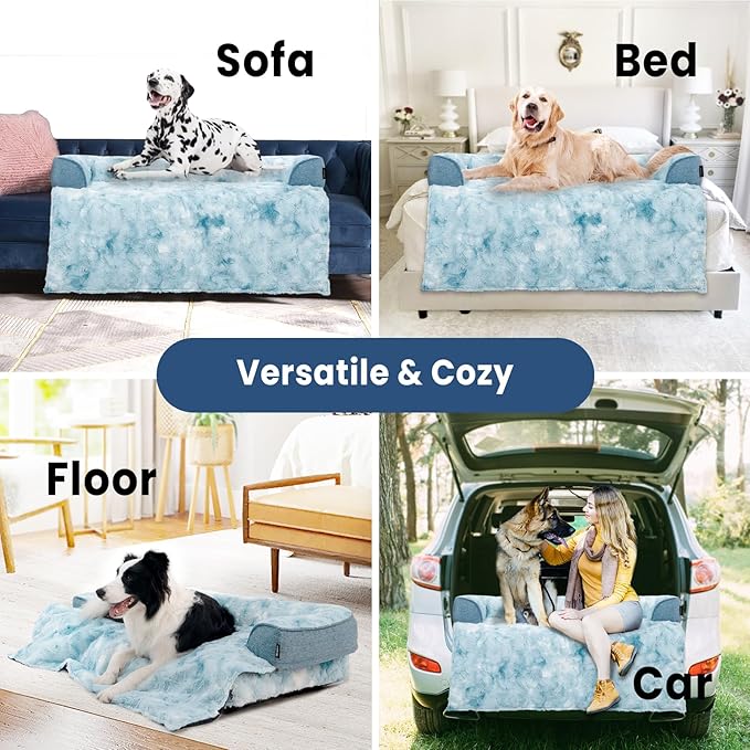 Calming Dog Couch Bed for Medium Dogs/Cats, 35 x 31 inch Waterproof Removable Dogs Mat Couch Cover for Furniture Protector, Non-Slip Fluffy Pelsbarn Dog Bed for Couch, Sofa - Tie-Dye Blue