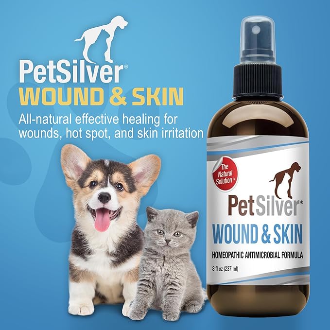 PetSilver Wound & Skin Spray - Dog Wound Spray, Hot Spot, Allergy Relief for Dogs, Itch Spray for Cats - Natural Skin Soother - Chelated Silver, Superior to Colloidal Silver - Made in USA - 8 fl oz