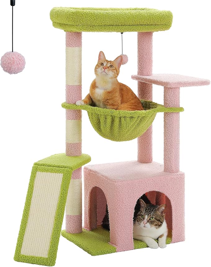 PEQULTI 36.5'' Cat Tree for Indoor Cats, Small Cat Tower with Large Condo, Cat Scratching Posts, Cozy Hammock and Scratching Ladder for Kittens, Pink
