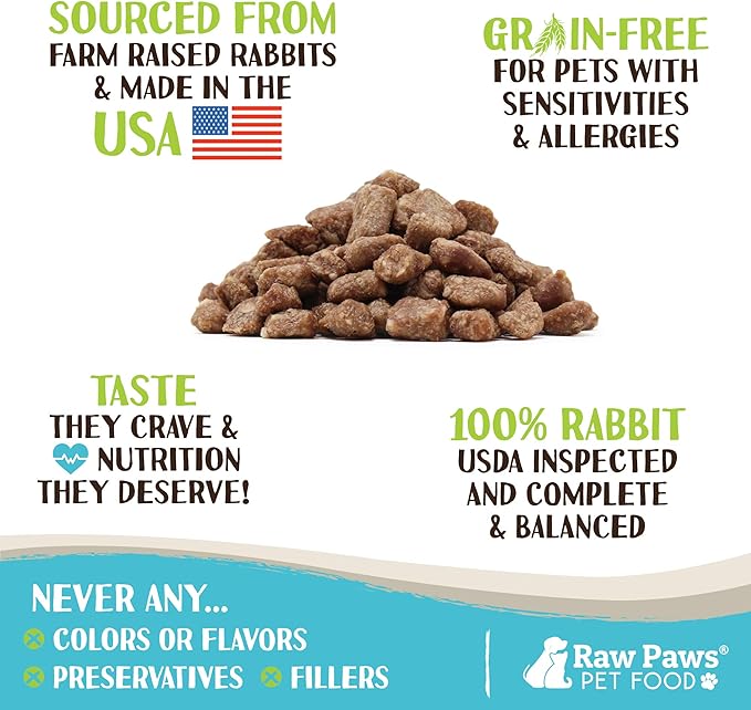 Raw Paws Freeze-Dried Pet Food for Dogs & Cats- Rabbit Recipe, 4-oz - USA Raw Dog Treats for Training - Cat and Dog Treats - 100% Rabbit Meat, No Added Hormones or Antibiotics