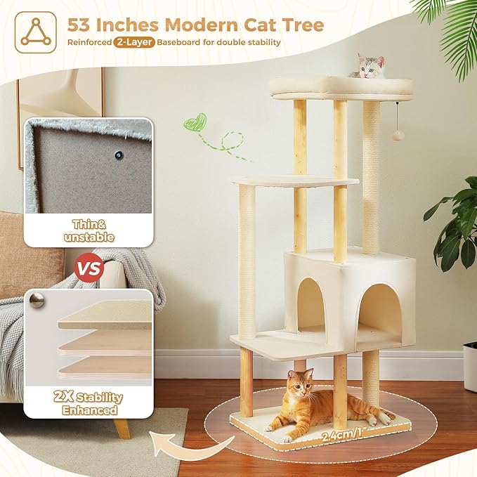 PAWZ Road Large Cat Tree, 53 Inches Modern Wooden Cat Tower for Indoor Large Cats, Multi-Level Cat Condos with Long Scratching Posts and Natural Wood Posts-Beige