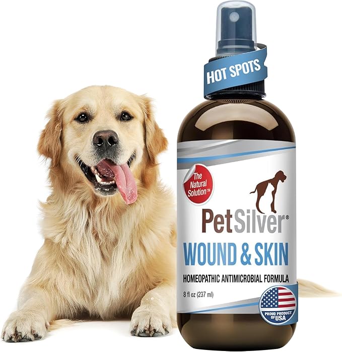 PetSilver Wound & Skin Spray - Dog Wound Spray, Hot Spot, Allergy Relief for Dogs, Itch Spray for Cats - Natural Skin Soother - Chelated Silver, Superior to Colloidal Silver - Made in USA - 8 fl oz