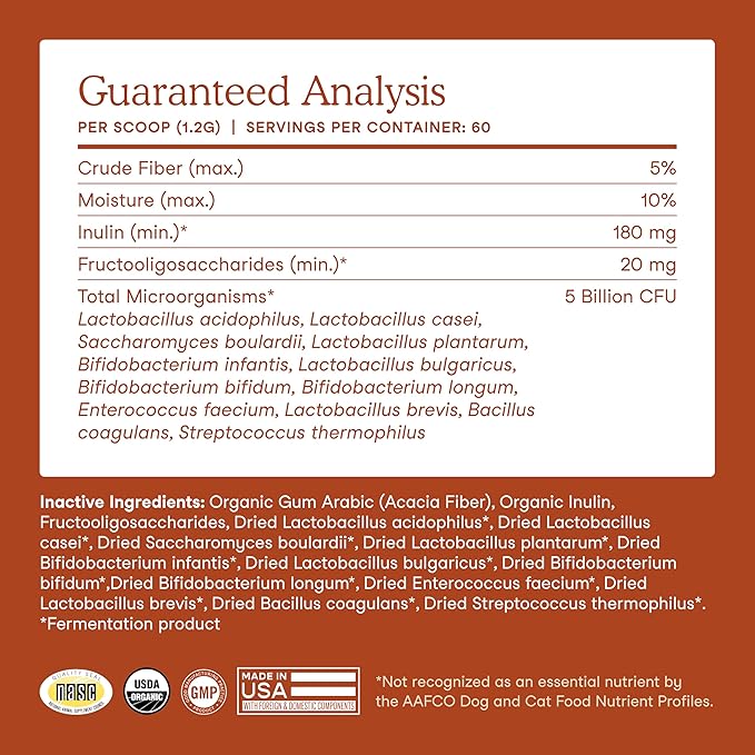 Fera Pets Probiotics for Dogs & Cats with Prebiotics - USDA Organic - Gut Health Powder Supplement with 12 Strains and 5 Billion CFUs - Supports Immunity, Energy and Skin & Coat - 60 Scoops