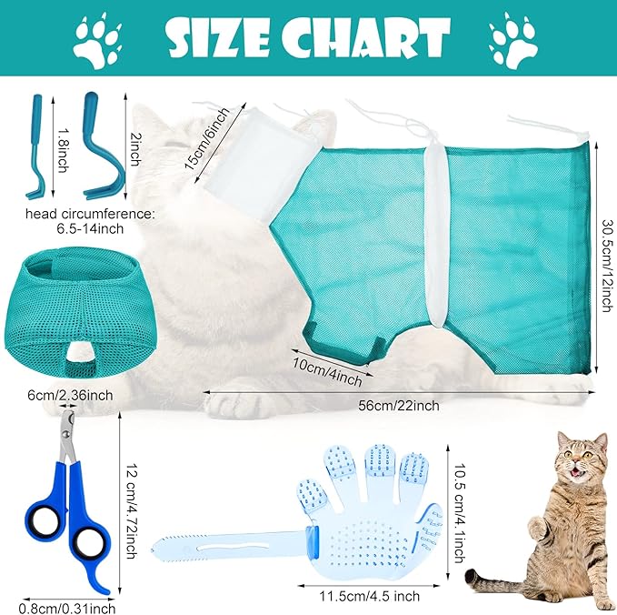 Patelai 5 Pcs Cat Bathing Bag Set Cat Grooming Bag Adjustable Pet Shower Net Muzzles Nail Clipper Tick Remover Tool Massage Brush(Green White)