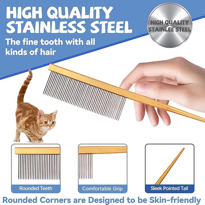 Grooming Pet Comb Rat Tail Dematting Cat and Dog Comb，Rounded Ends Design for Safe Tangle Removal, Hairstyling, Massage，Loose Hair Removal，Prevent Irritation，Fluffing Paws,Face,Tail,Remove Tear Stain