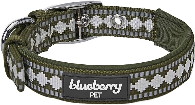 Blueberry Pet Reflective Jacquard Dog Collar with Neoprene Padding & Metal Buckle | Soft & Adjustable Safety Collar - Olive, Neck 9-12.5", for Small Breed