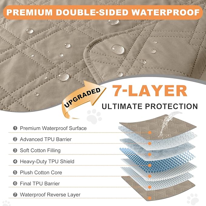 100% Waterproof Dog Couch Protector, Triple-Layer Waterproof Dog Bed Cover Pet Blanket Reversible 2-Tone Sofa Shield, Non-Slip Furniture Guard for Pets(42×50 Inch, Khaki+Khaki)